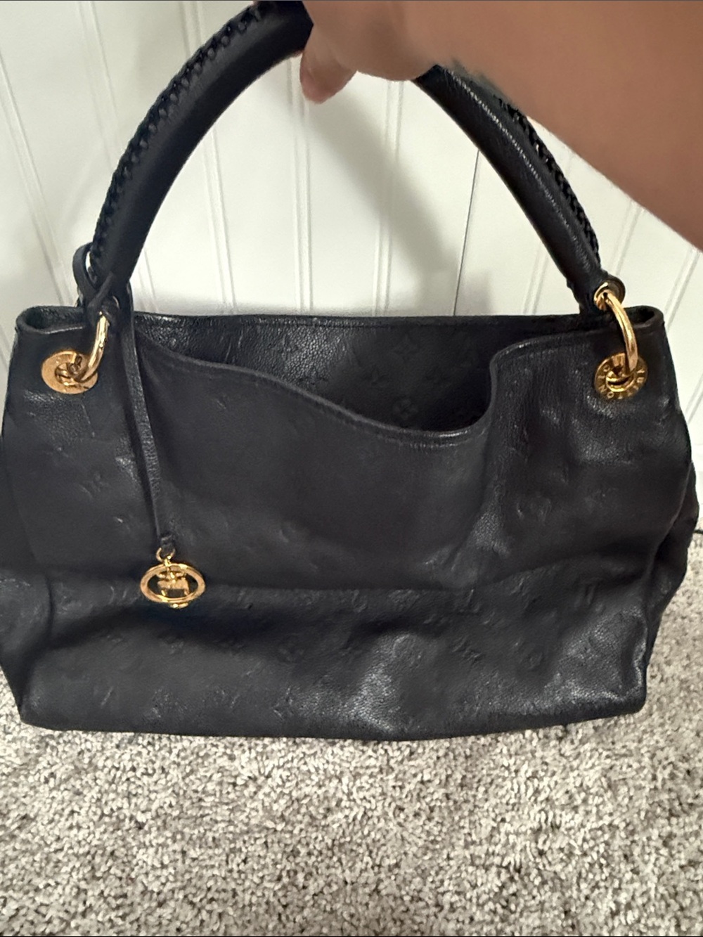 Louis Vuitton Black Leather Shoulder Bag with Gold Hardware
